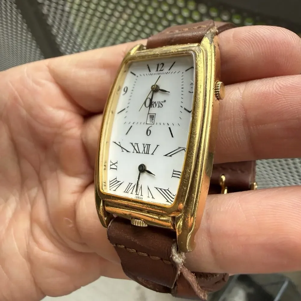 Vintage Orvis Dual Time Gold Plated Men’s Dress Wrist Watch Woven Brown Bracelet
